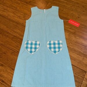 Kayce Hughes girls aqua checkered shift dress with heart pockets size 8 NWT